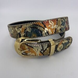 Vtg Dress Belt Women Small Multicolored Floral Gold Bead Edge & Buckle READ